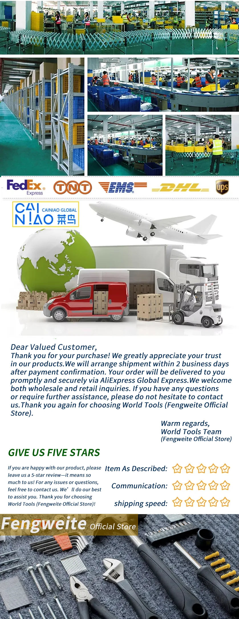 Warehouse workers sorting packages, shipping logos, delivery trucks, and hand tools display