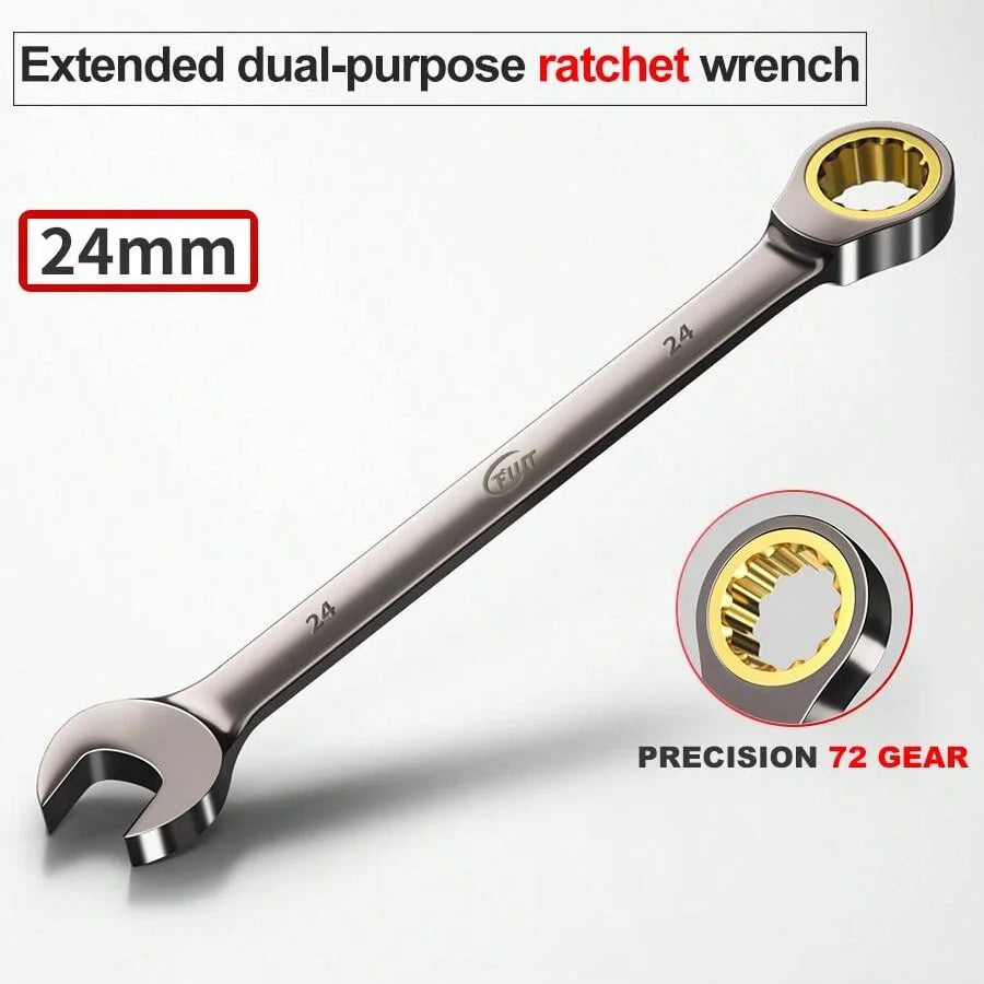 24mm extended dual-purpose ratchet wrench with precision 72 gear, metallic finish
