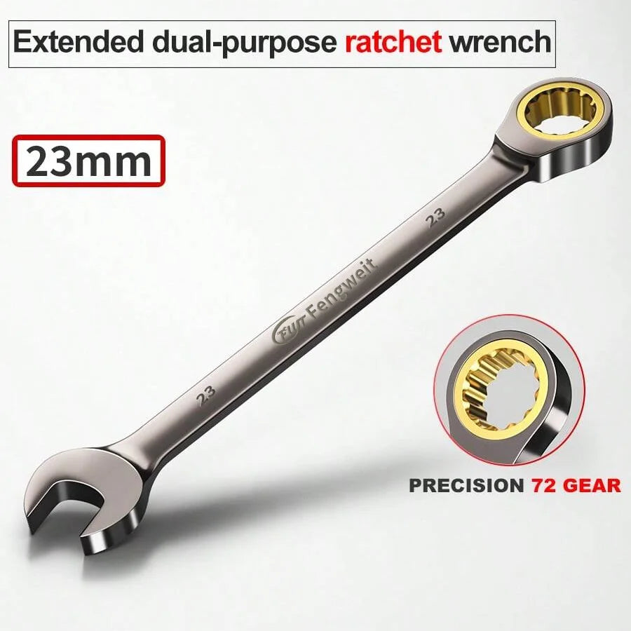 Extended dual-purpose 23mm ratchet wrench with 72 gear precision, silver finish.
