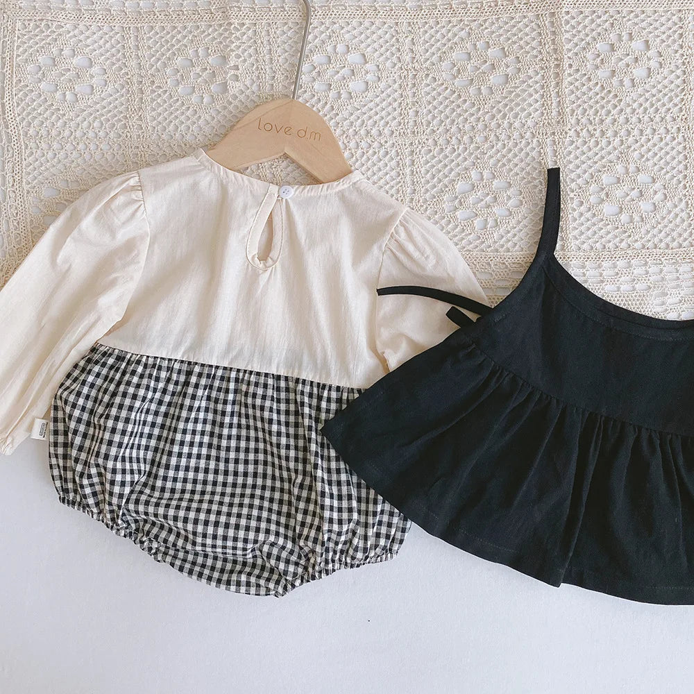 2pcs Baby Girls Clothing 0-4 Years Sister Outfit Set - Gingham Romper/Dress with Blouse Matching Clothes for Siblings