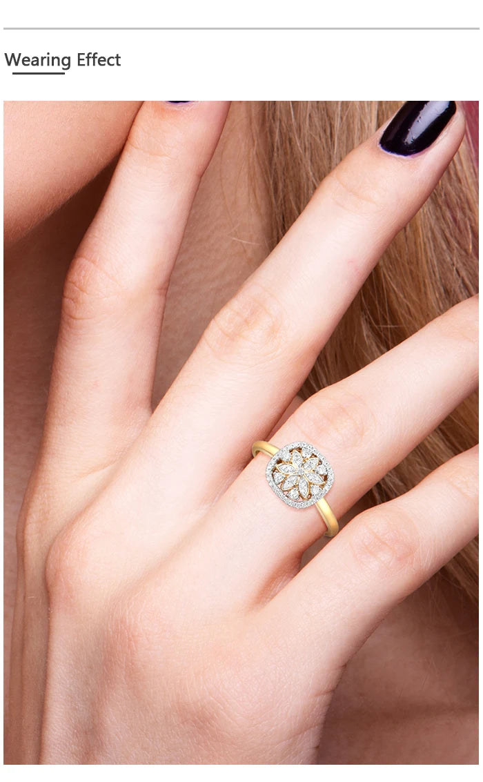 VISTOSO Genuine 14K 585 Yellow Gold Ring For Women Sparkling Diamond Flower Ring Delicate Wedding Engagement Trendy Fine Jewelry