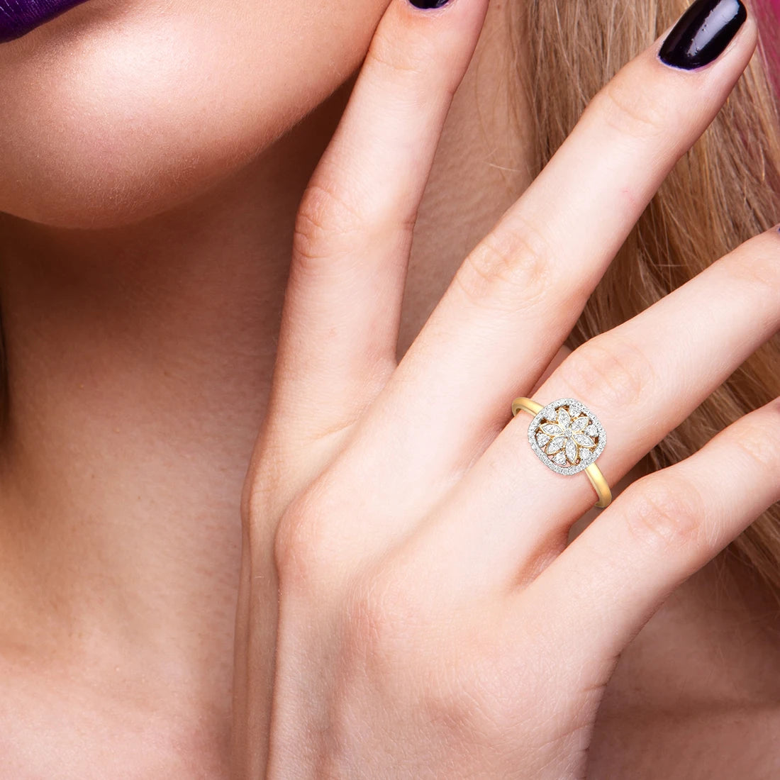 VISTOSO Genuine 14K 585 Yellow Gold Ring For Women Sparkling Diamond Flower Ring Delicate Wedding Engagement Trendy Fine Jewelry