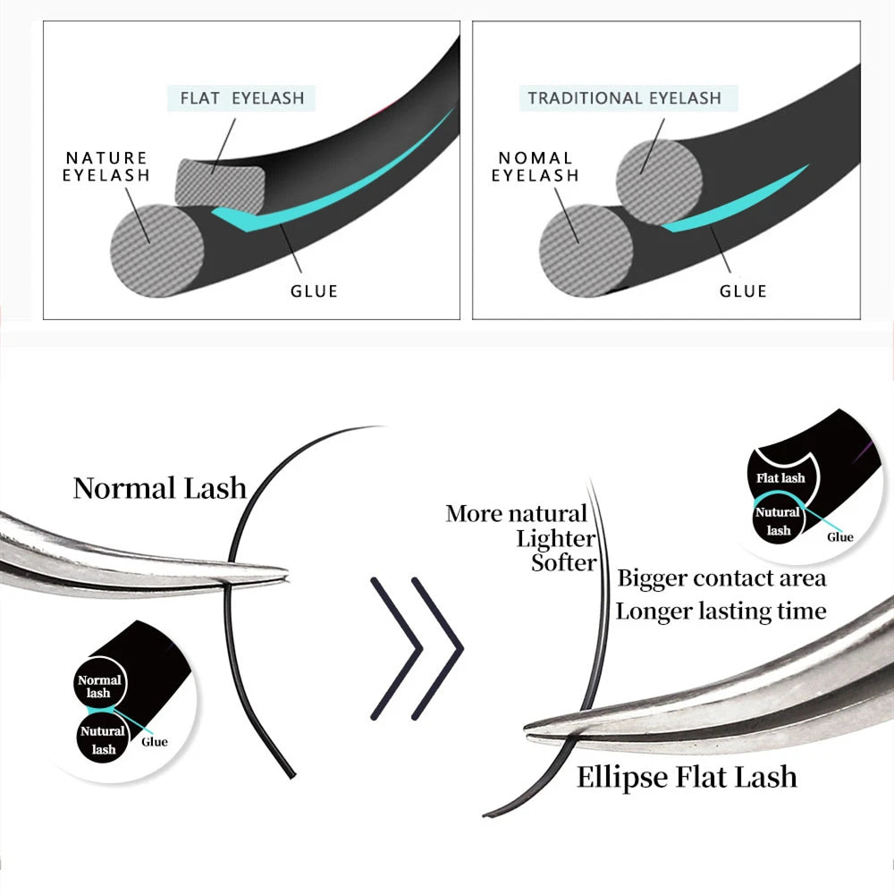 Comparison diagram of normal lash versus ellipse flat lash extensions, showing contact area, longevity, and glue application.