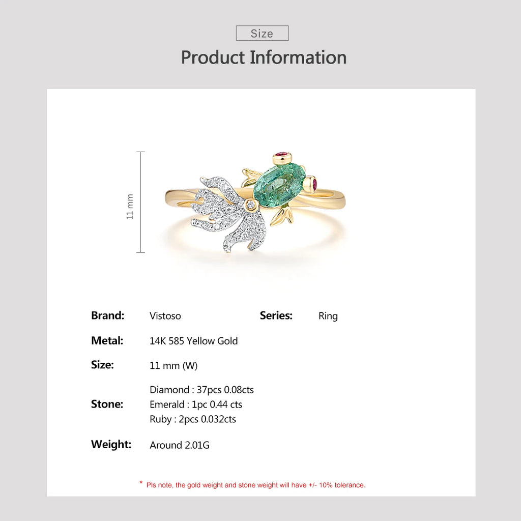 VISTOSO Gold Ring For Woman Genuine 14K 585 Yellow Gold Sparkling Natrual Emerald Ruby Diamond Lovely Fish Trendy Fine Jewelry