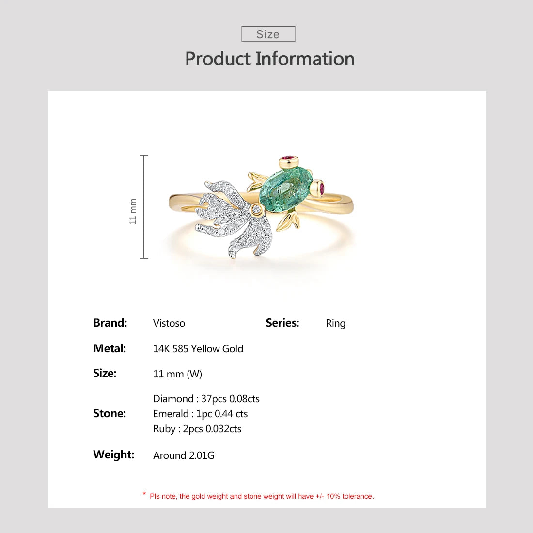 VISTOSO Gold Ring For Woman Genuine 14K 585 Yellow Gold Sparkling Natrual Emerald Ruby Diamond Lovely Fish Trendy Fine Jewelry