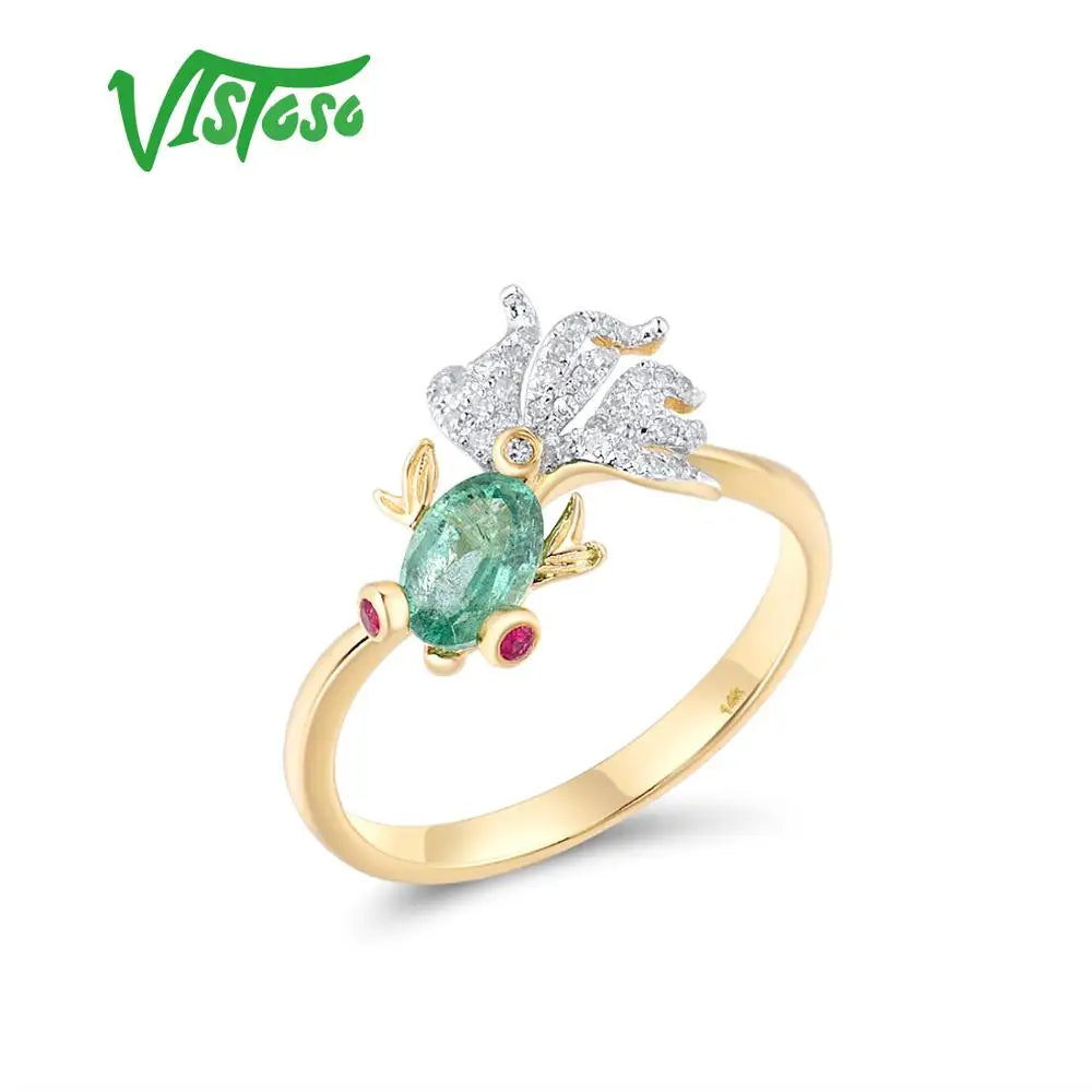 VISTOSO Gold Ring For Woman Genuine 14K 585 Yellow Gold Sparkling Natrual Emerald Ruby Diamond Lovely Fish Trendy Fine Jewelry