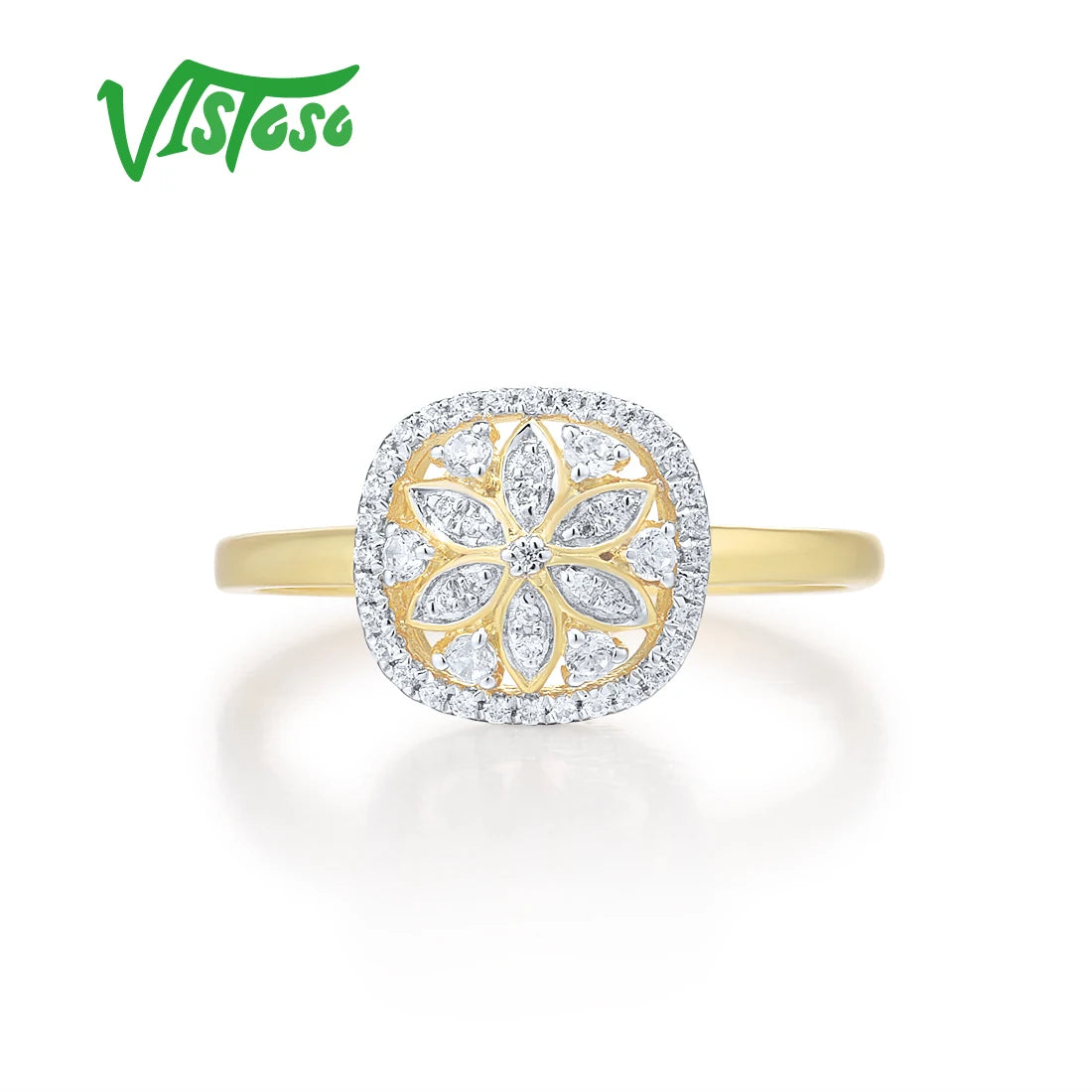 VISTOSO Genuine 14K 585 Yellow Gold Ring For Women Sparkling Diamond Flower Ring Delicate Wedding Engagement Trendy Fine Jewelry