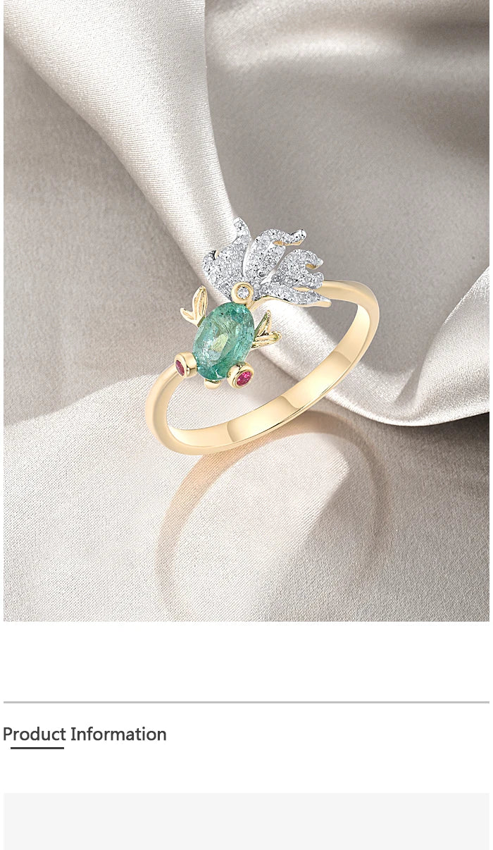 VISTOSO Gold Ring For Woman Genuine 14K 585 Yellow Gold Sparkling Natrual Emerald Ruby Diamond Lovely Fish Trendy Fine Jewelry