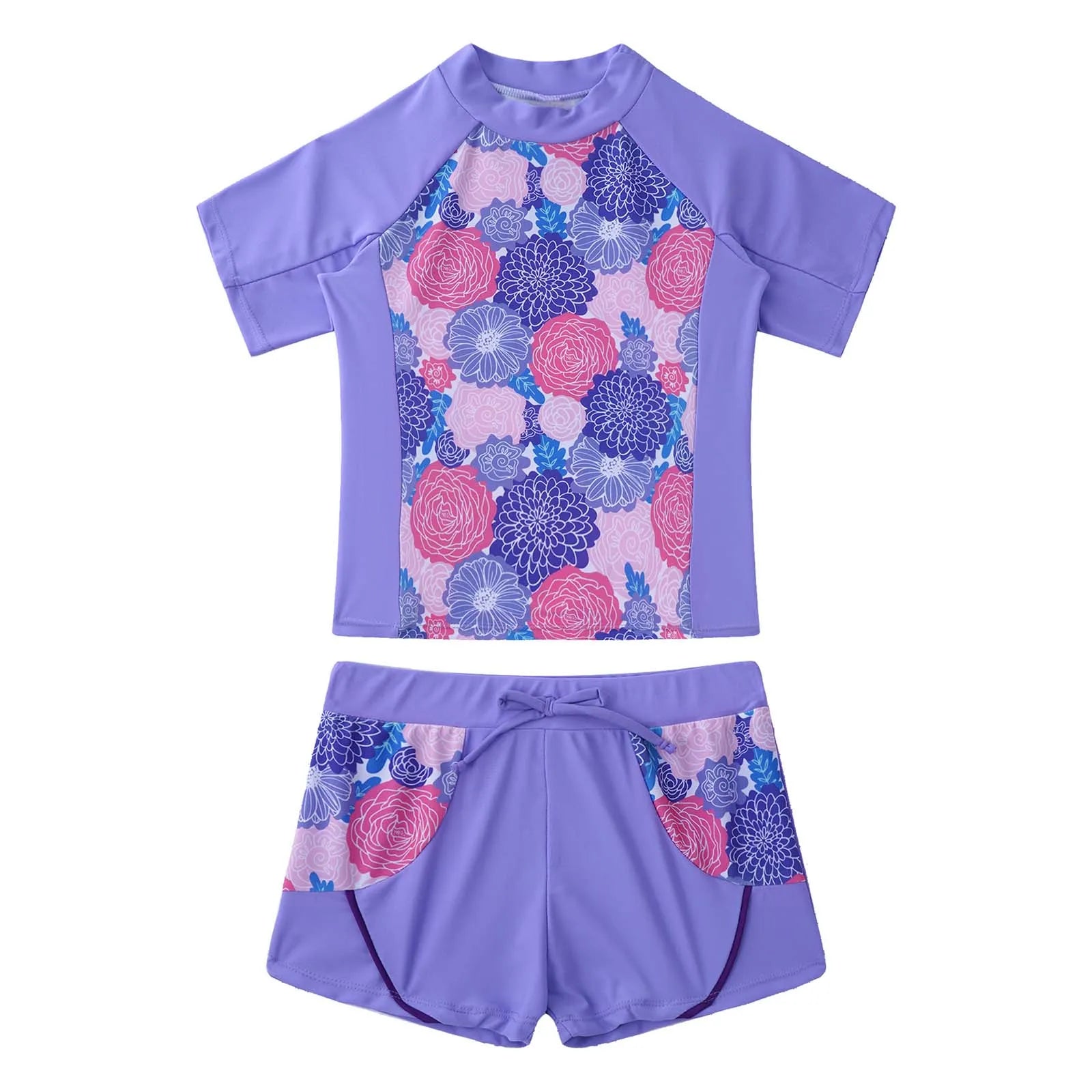 Kids Girls 2 Piece Rash Guard Set Swimwear Floral Print Short Sleeve Swim Shirt with Booty Shorts Tankini Swimsuit Bathing Suit