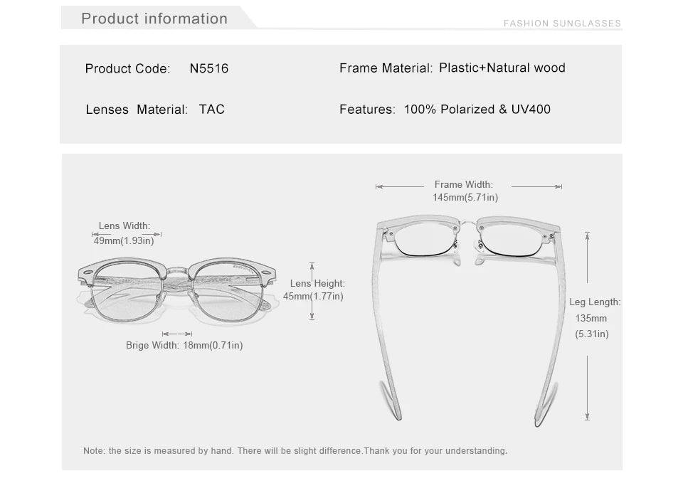 Polarized UV400 sunglasses with plastic and natural wood frame, lens width 49mm, leg length 135mm.