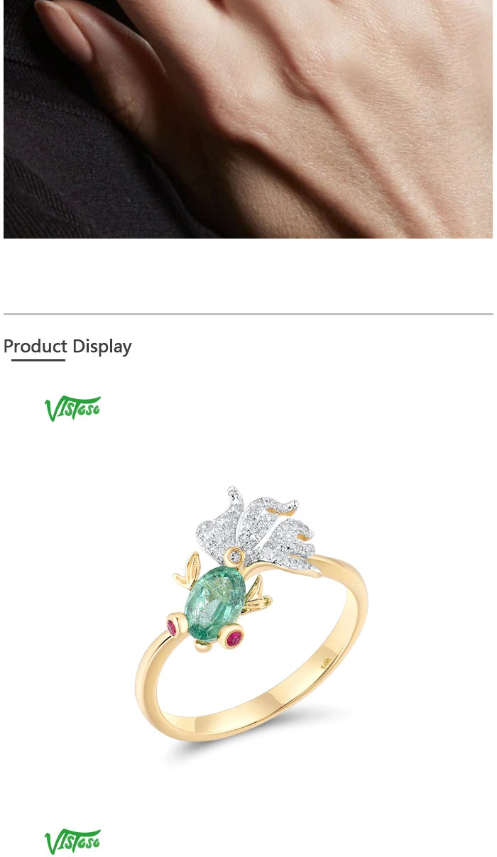 VISTOSO Gold Ring For Woman Genuine 14K 585 Yellow Gold Sparkling Natrual Emerald Ruby Diamond Lovely Fish Trendy Fine Jewelry