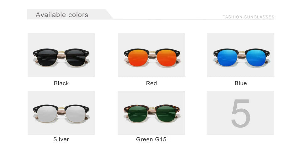 Fashion sunglasses in black, red, blue, silver, and green G15 colors, modern style.