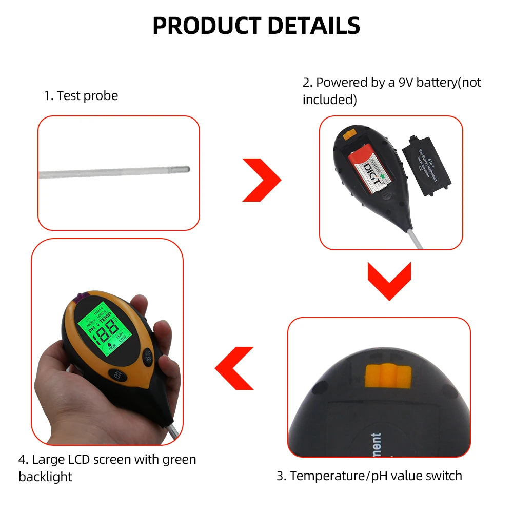 Soil Ph Meter Tester EC Meter for Soil PH TDS CF Sunlight Moisture Humidity Garden Temp Soil moisture Sensor Gauge Optional