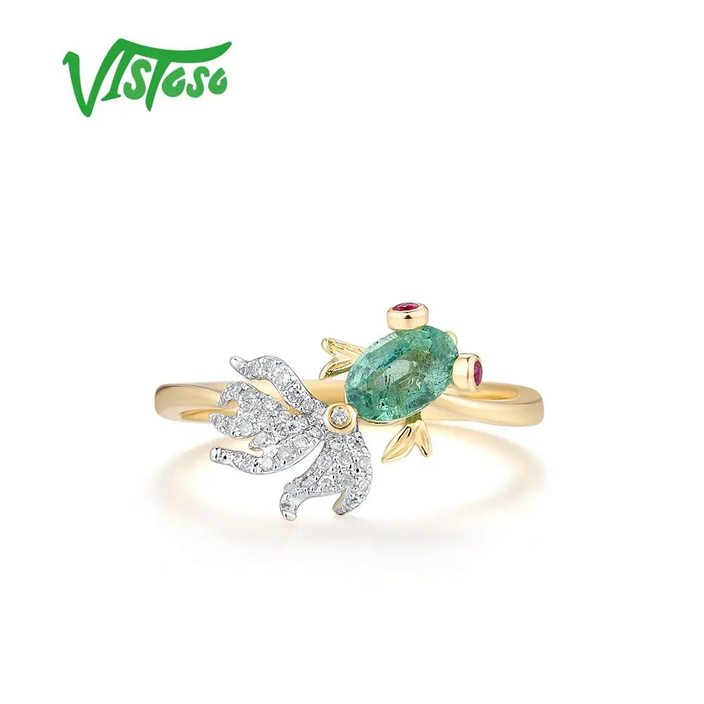 VISTOSO Gold Ring For Woman Genuine 14K 585 Yellow Gold Sparkling Natrual Emerald Ruby Diamond Lovely Fish Trendy Fine Jewelry