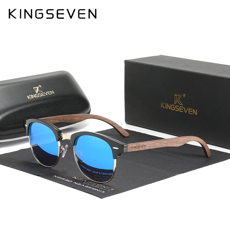 Blue mirrored sunglasses with wooden arms, black frame, and KINGSEVEN case and box