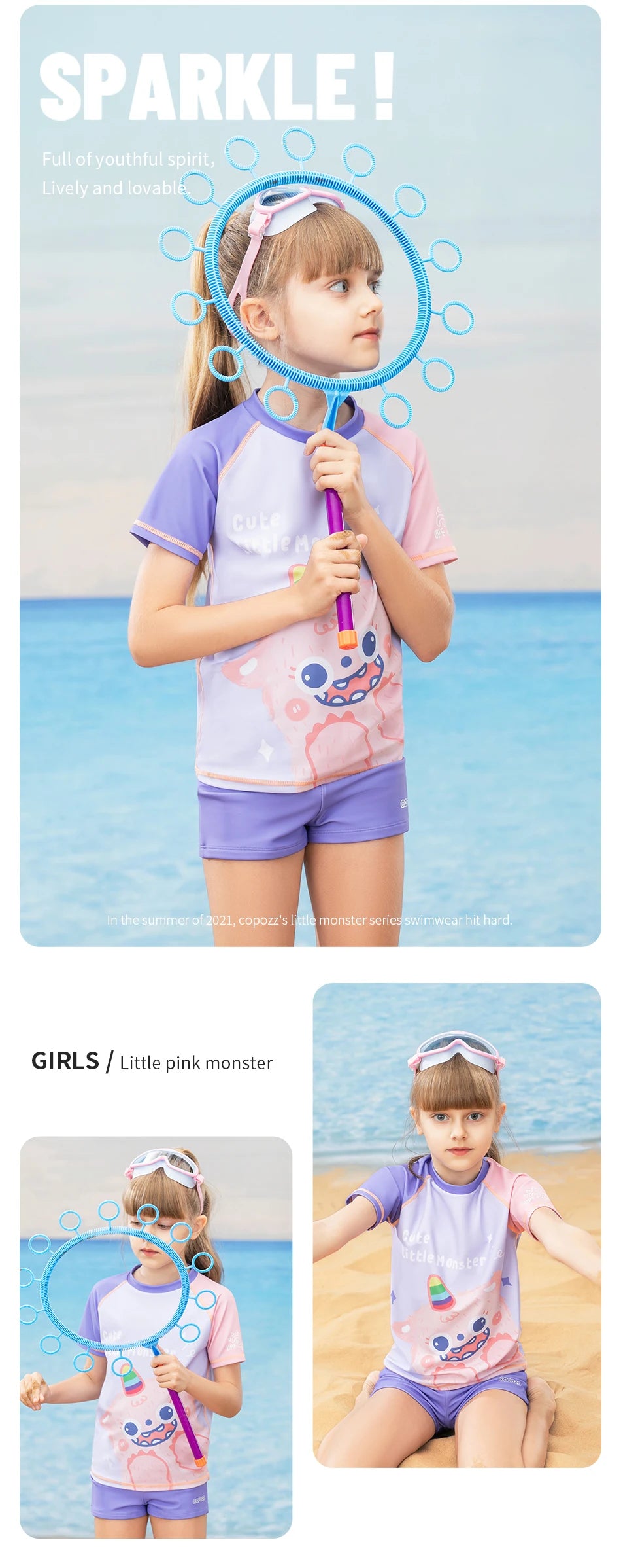 COPOZZ Children's Split Swimwear Short Sleeve Cartoon Sports Swimsuit Surfing Suits Beach Wear  For Boys Girls UV Protection 50+
