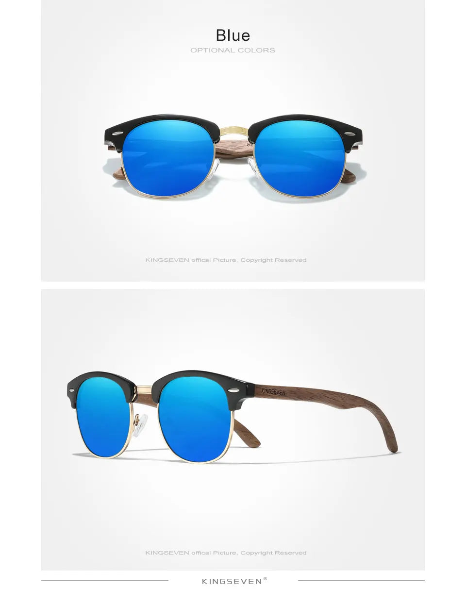 Blue mirrored clubmaster sunglasses with black frame and brown wood arms on white background.
