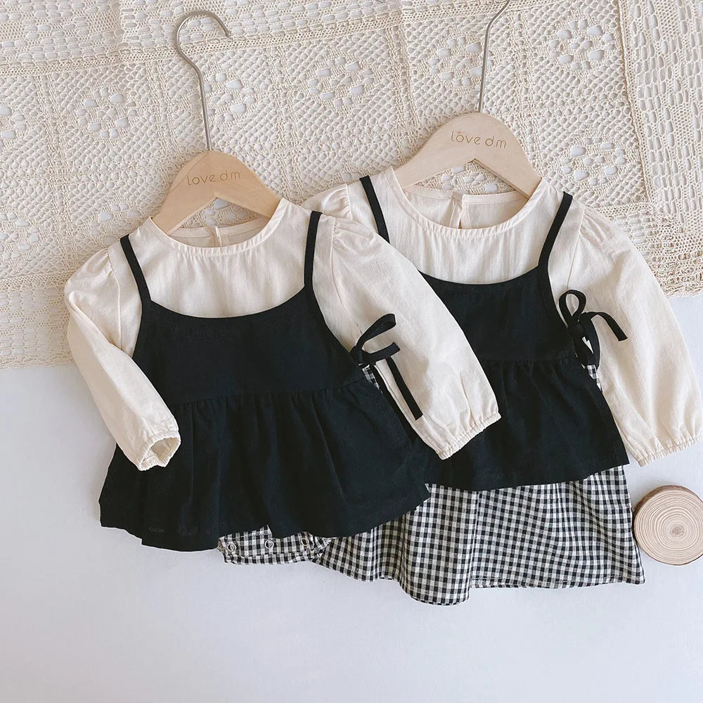 2pcs Baby Girls Clothing 0-4 Years Sister Outfit Set - Gingham Romper/Dress with Blouse Matching Clothes for Siblings