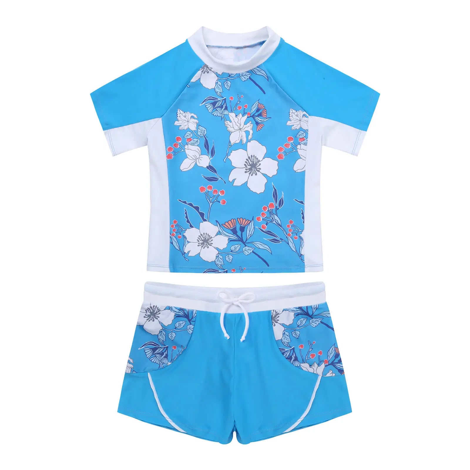 Kids Girls 2 Piece Rash Guard Set Swimwear Floral Print Short Sleeve Swim Shirt with Booty Shorts Tankini Swimsuit Bathing Suit