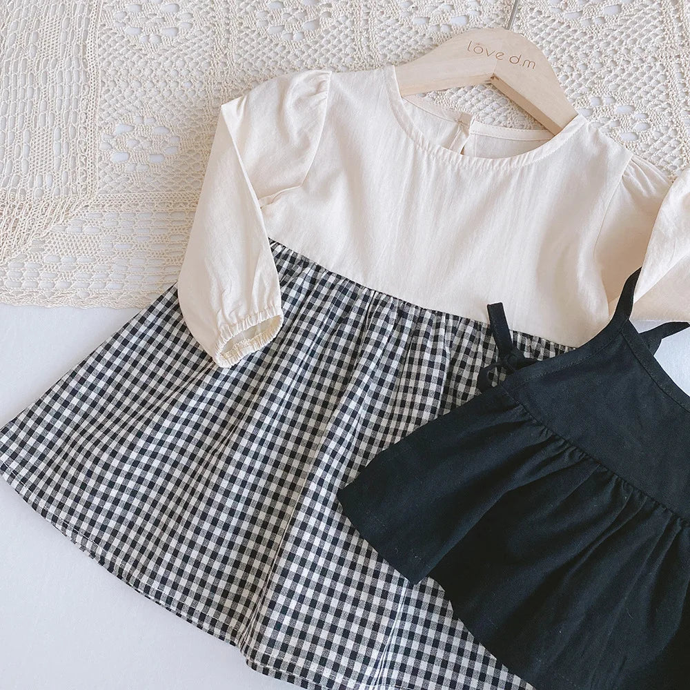 2pcs Baby Girls Clothing 0-4 Years Sister Outfit Set - Gingham Romper/Dress with Blouse Matching Clothes for Siblings