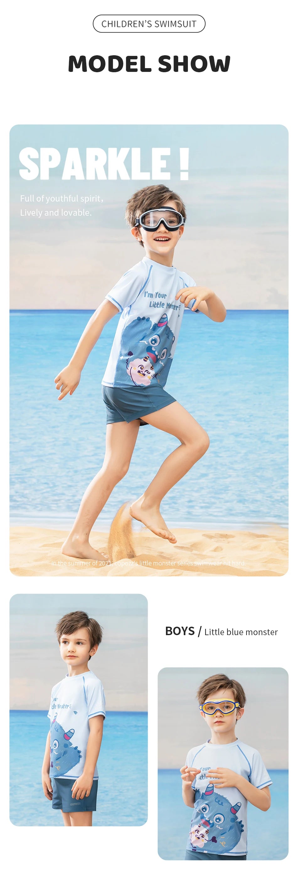 COPOZZ Children's Split Swimwear Short Sleeve Cartoon Sports Swimsuit Surfing Suits Beach Wear  For Boys Girls UV Protection 50+