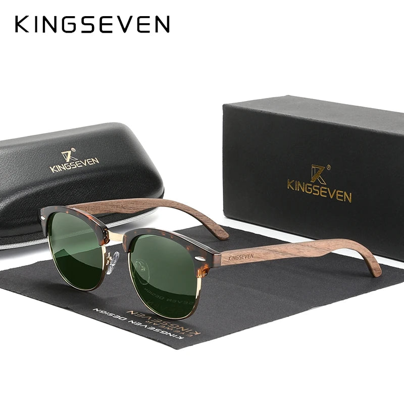 Wooden frame sunglasses with green lenses, black case, and Kingseven branded box