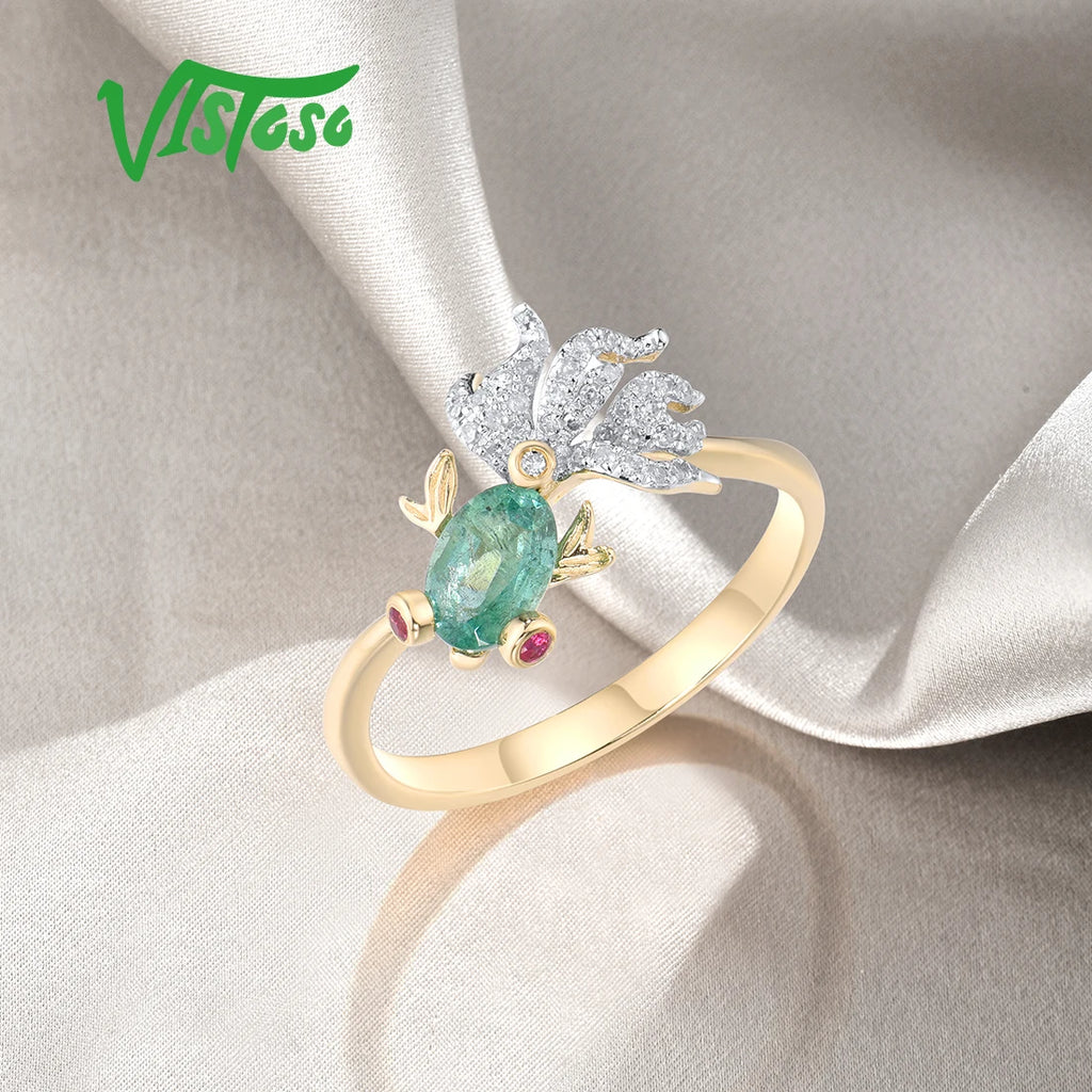 VISTOSO Gold Ring For Woman Genuine 14K 585 Yellow Gold Sparkling Natrual Emerald Ruby Diamond Lovely Fish Trendy Fine Jewelry