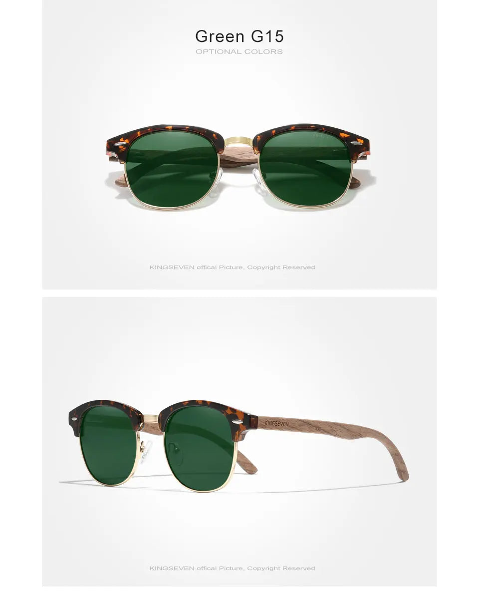 Green G15 sunglasses with tortoiseshell frame, green lenses, and wooden arms