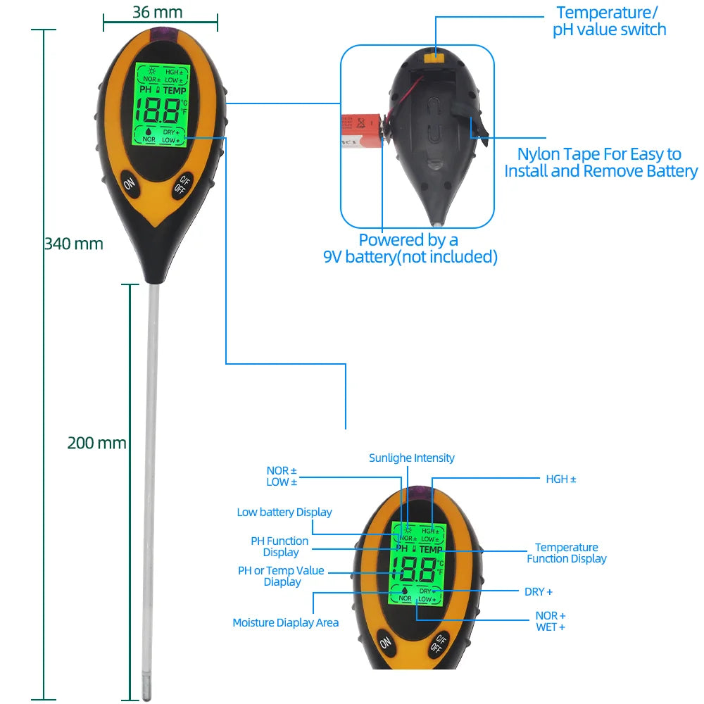Soil Ph Meter Tester EC Meter for Soil PH TDS CF Sunlight Moisture Humidity Garden Temp Soil moisture Sensor Gauge Optional