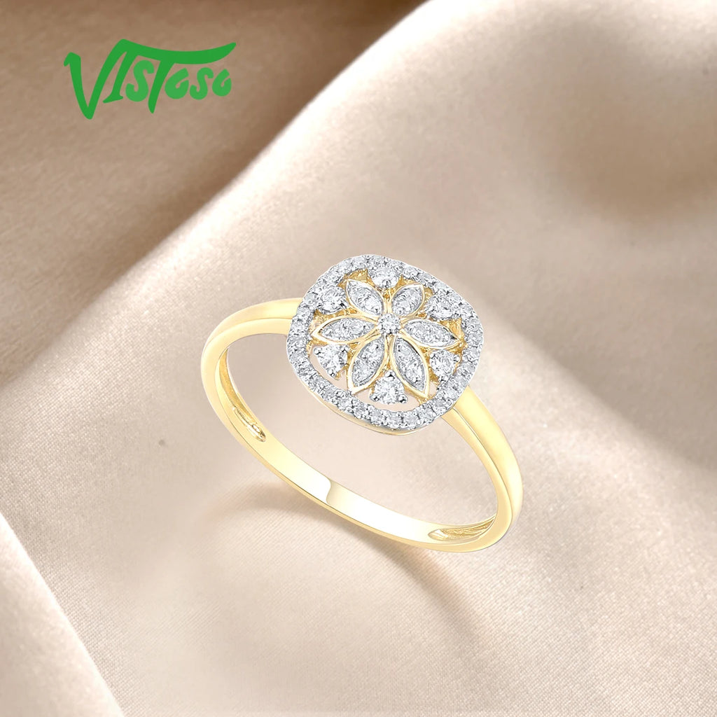 VISTOSO Genuine 14K 585 Yellow Gold Ring For Women Sparkling Diamond Flower Ring Delicate Wedding Engagement Trendy Fine Jewelry