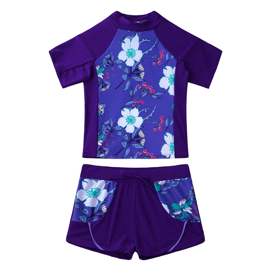 Kids Girls 2 Piece Rash Guard Set Swimwear Floral Print Short Sleeve Swim Shirt with Booty Shorts Tankini Swimsuit Bathing Suit
