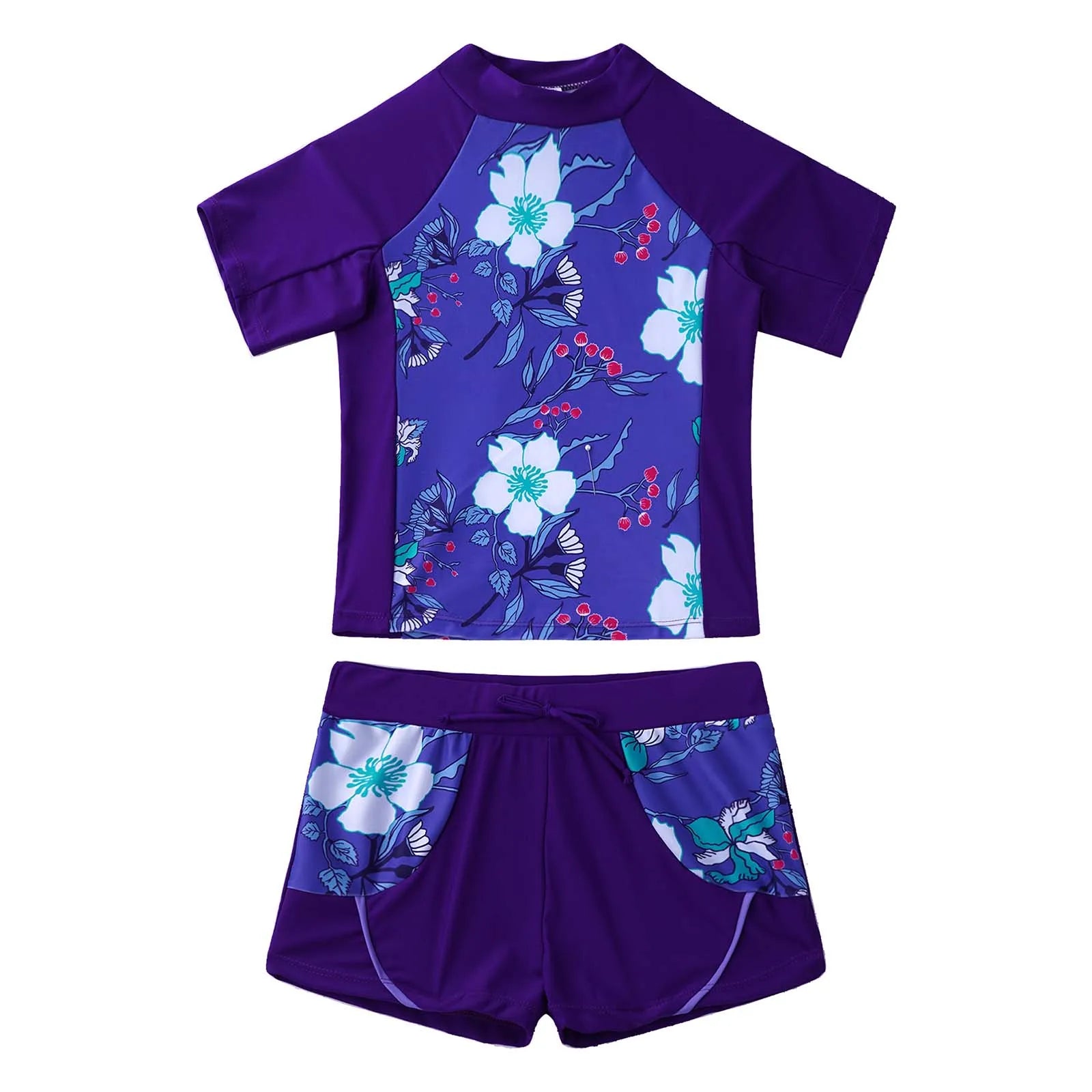 Kids Girls 2 Piece Rash Guard Set Swimwear Floral Print Short Sleeve Swim Shirt with Booty Shorts Tankini Swimsuit Bathing Suit