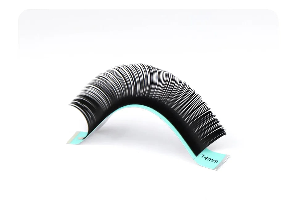 Curved tray of black eyelash extensions, labeled 14mm, on white background