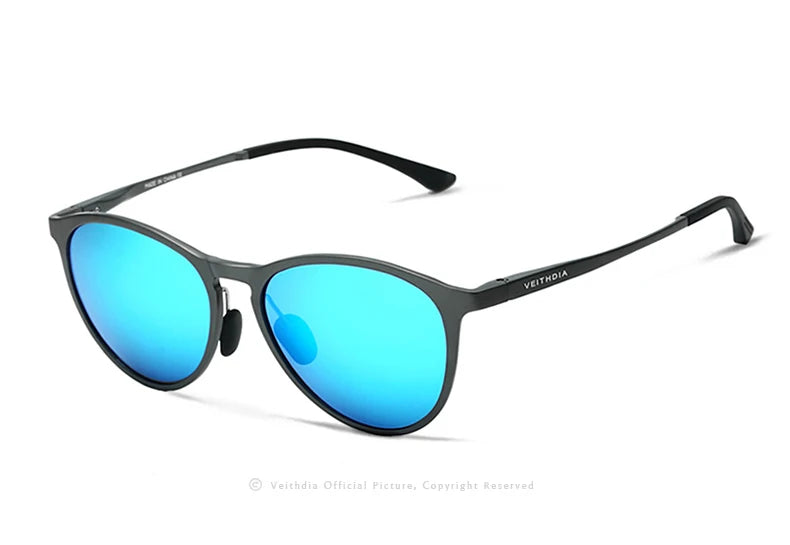 Stylish round sunglasses with blue mirrored lenses and thin black metal frame