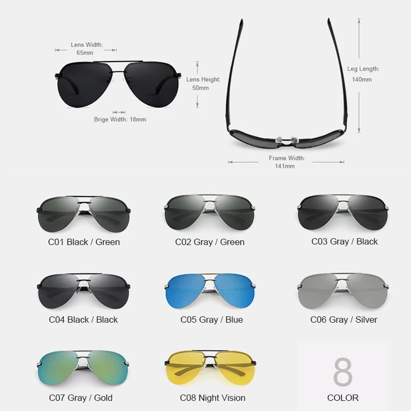Aviator sunglasses in multiple colors, size guide and color options displayed.