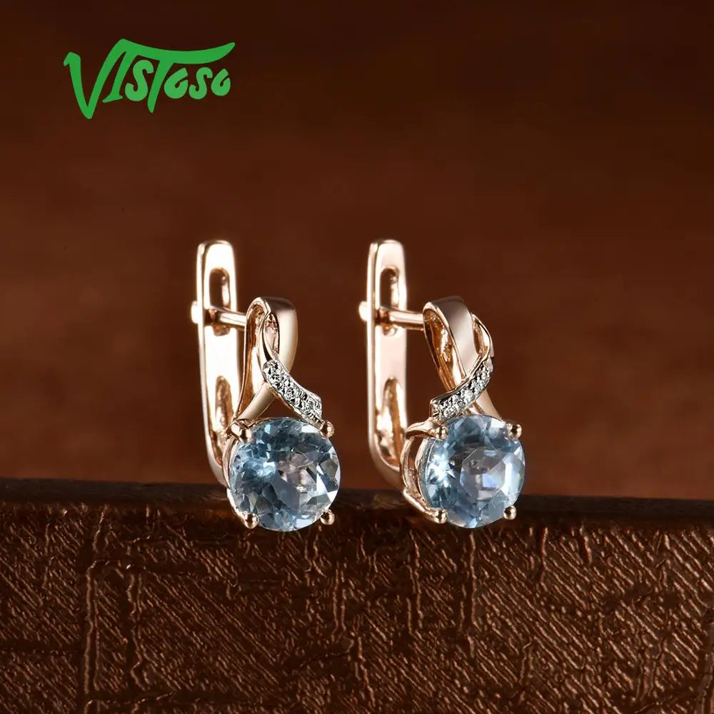 VISTOSO Gold Earrings For Women 14K 585 Rose Gold Sparkling Luxury Diamond Blue Topaz Wedding Engagement Wedding Fine Jewelry
