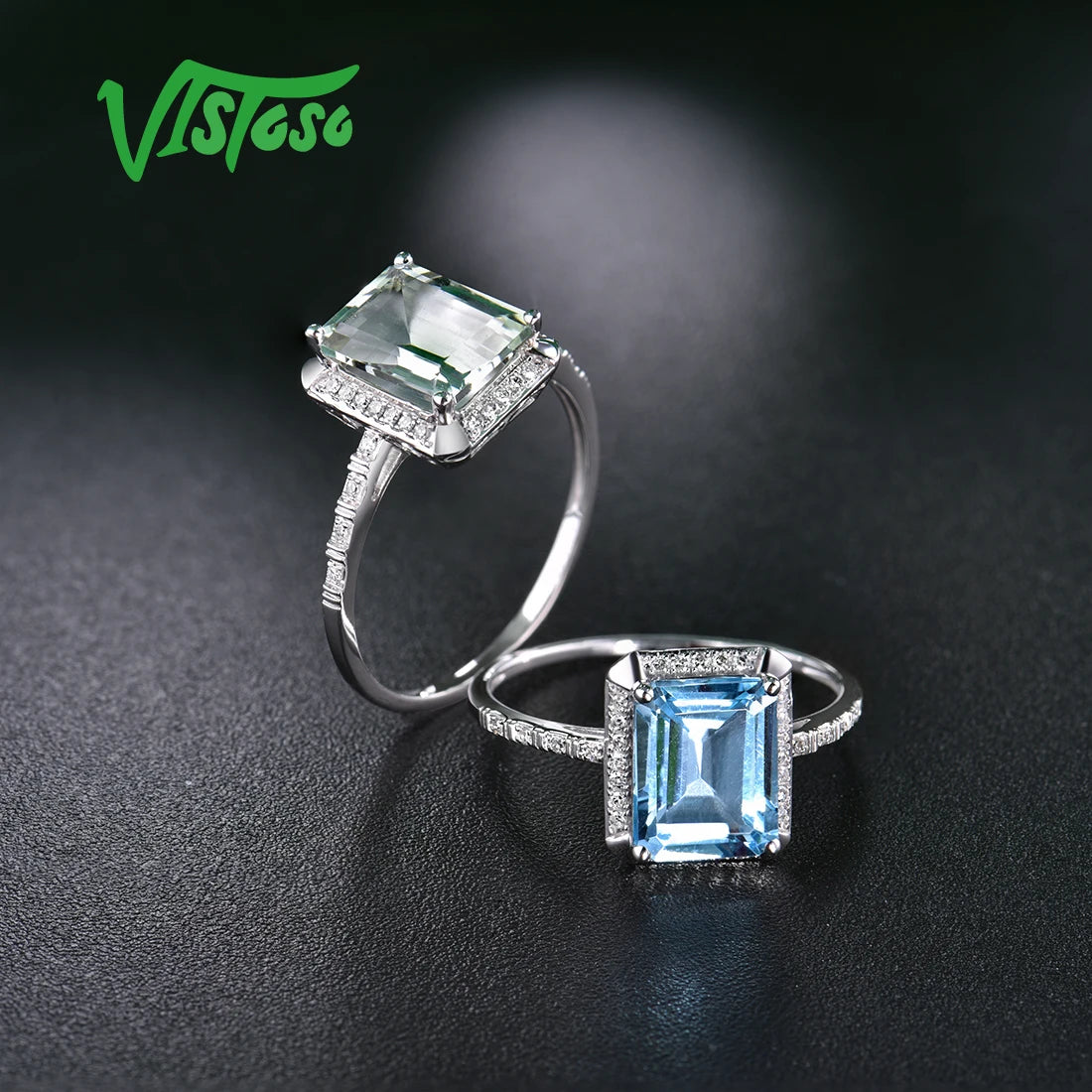 VISTOSO 14K 585 White Gold Rings For Women Shiny Diamond Limpid Sky Blue Topaz/Green Amethyst Anniversary Classic Fine Jewelry