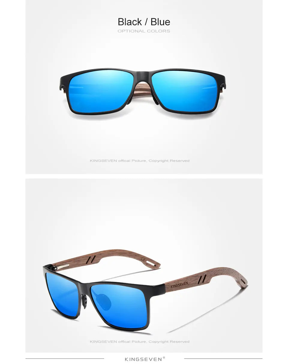 Black frame sunglasses with blue mirrored lenses and wood grain arms