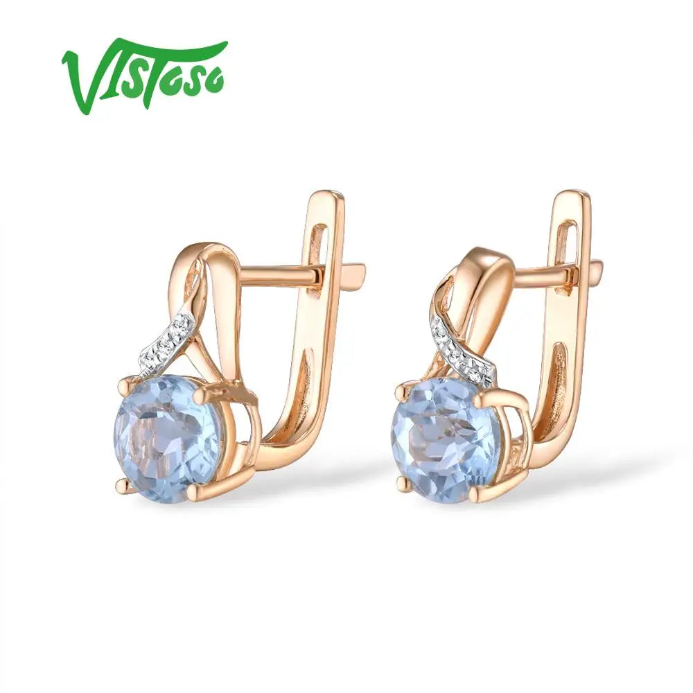 VISTOSO Gold Earrings For Women 14K 585 Rose Gold Sparkling Luxury Diamond Blue Topaz Wedding Engagement Wedding Fine Jewelry