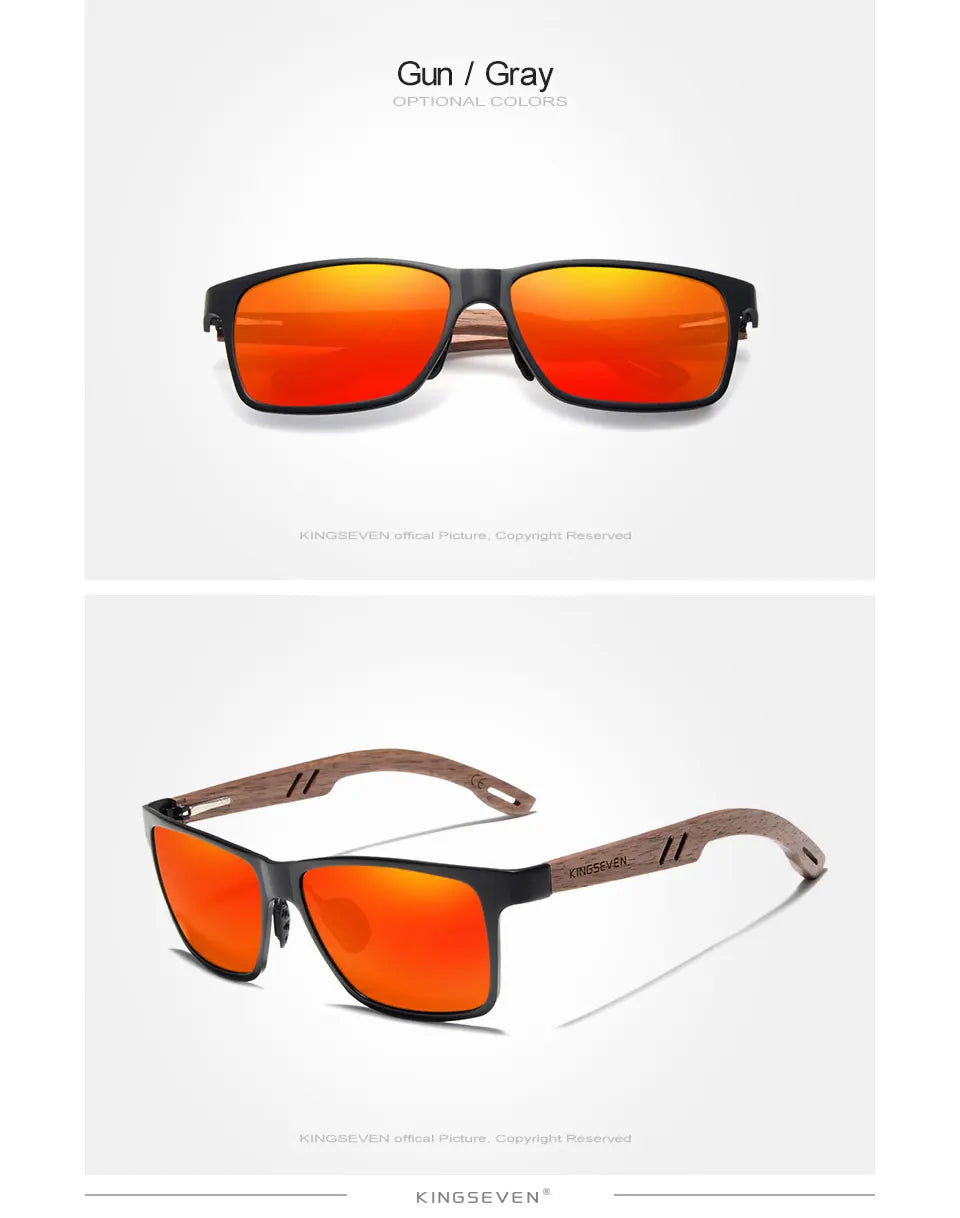 Men’s sunglasses with orange mirrored lenses, black frame, and wood grain arms