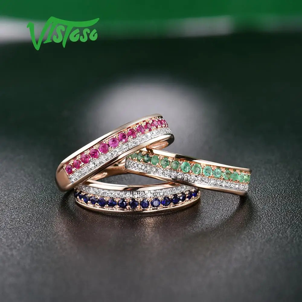 VISTOSO 14K Rose Gold Rings For Lady Genuine Shiny Diamond Fancy Ruby Sapphire Emerald Engagement Anniversary Chic Fine Jewelry