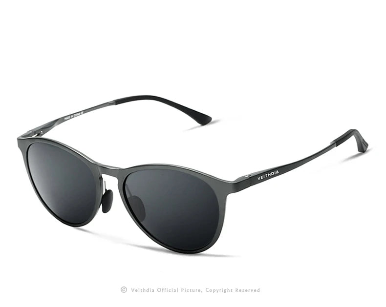 Black round sunglasses with metal frame and dark lenses on white background