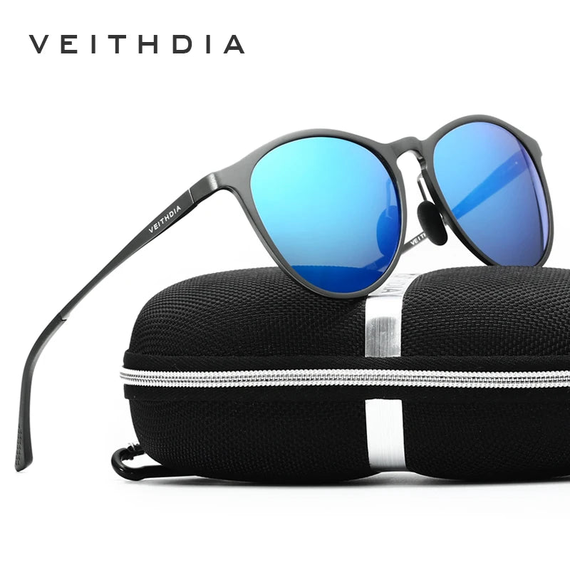 Blue mirrored round sunglasses with black frame and hard travel case