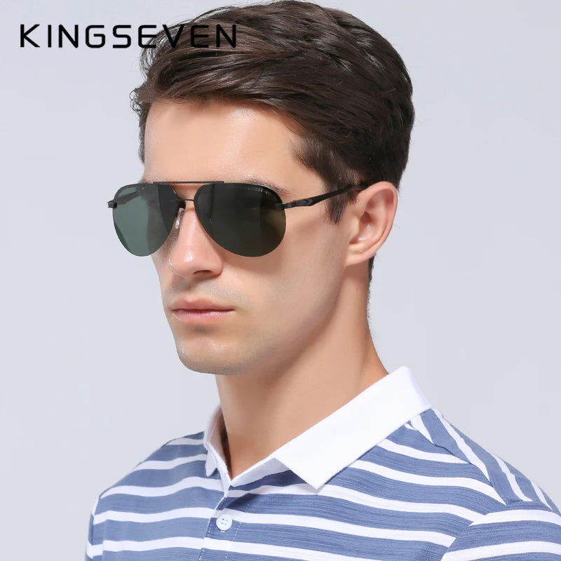 Man wearing aviator sunglasses and blue striped polo shirt on light background
