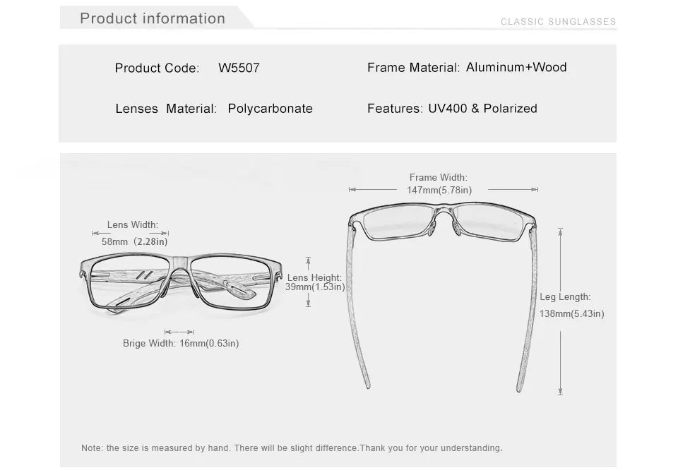 Rectangular sunglasses with aluminum and wood frame, polycarbonate UV400 polarized lenses, detailed size diagram.