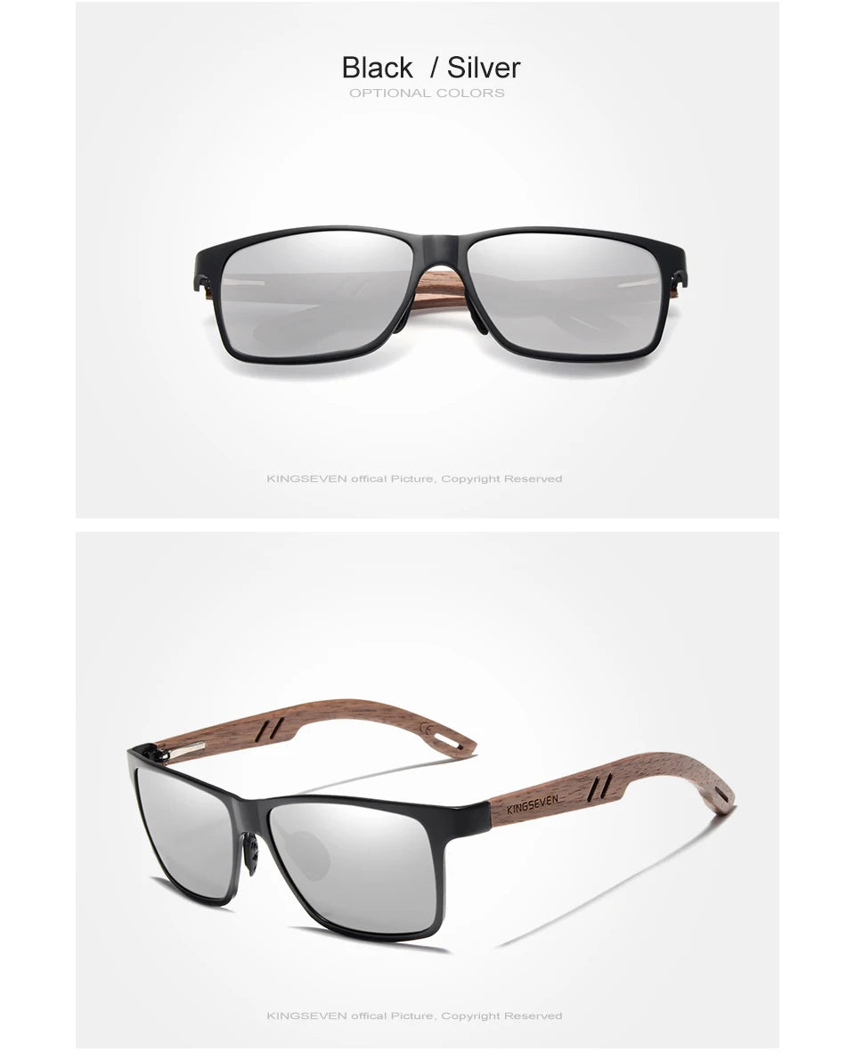 Black and silver rectangular sunglasses with wooden arms on white background.