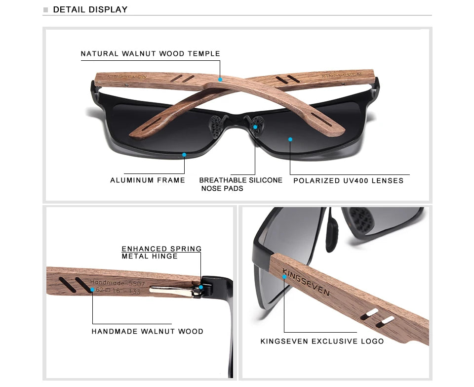 Polarized sunglasses with walnut wood temples, aluminum frame, UV400 lenses, and silicone nose pads.