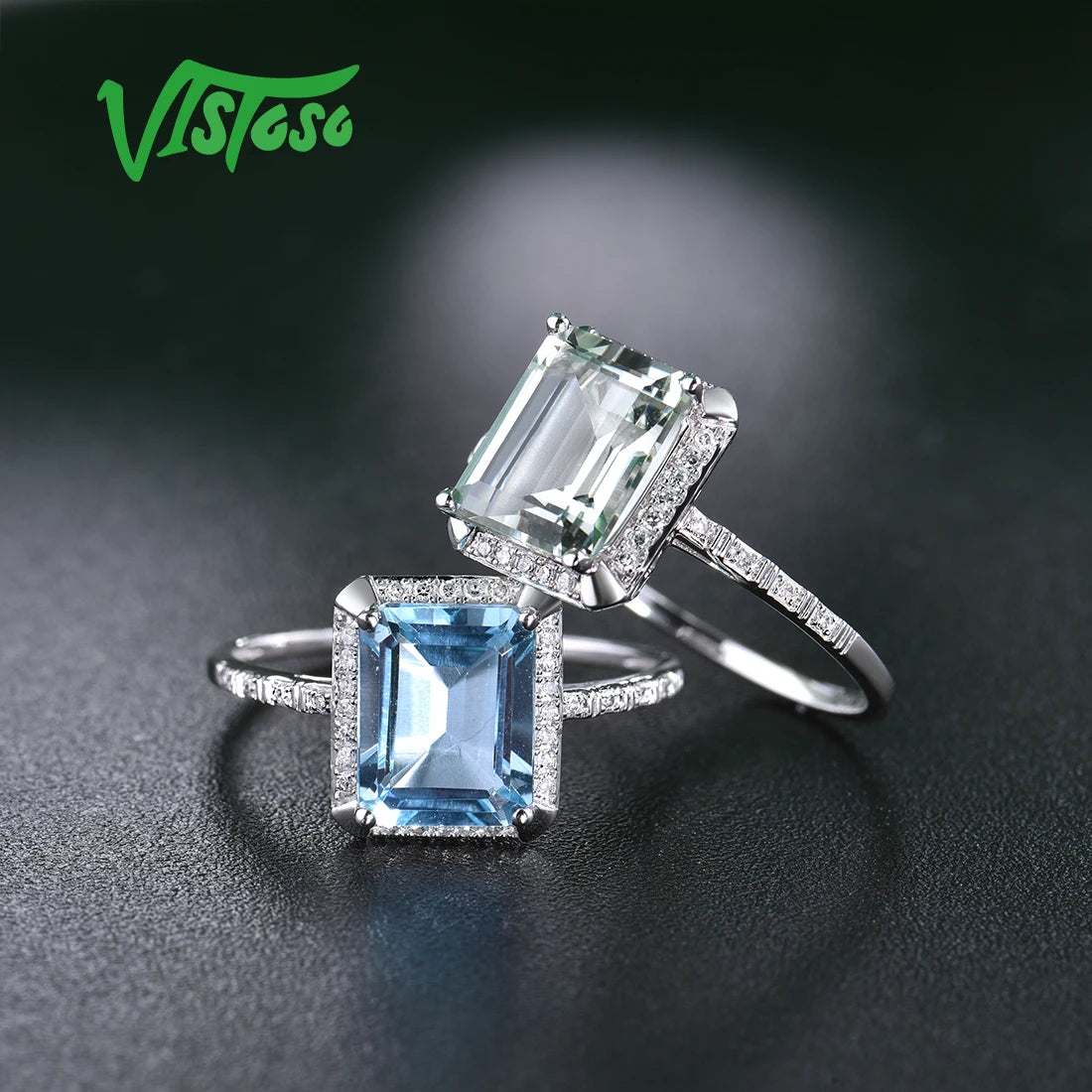 VISTOSO 14K 585 White Gold Rings For Women Shiny Diamond Limpid Sky Blue Topaz/Green Amethyst Anniversary Classic Fine Jewelry