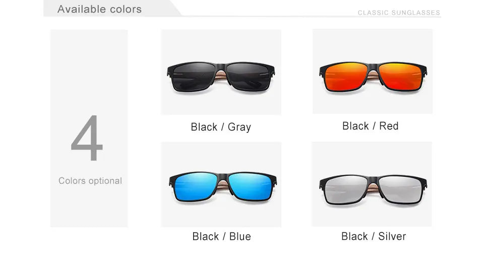 Classic sunglasses available in black with gray, red, blue, or silver lenses, four color options.