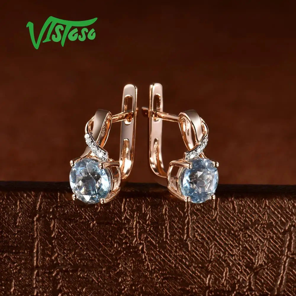 VISTOSO Gold Earrings For Women 14K 585 Rose Gold Sparkling Luxury Diamond Blue Topaz Wedding Engagement Wedding Fine Jewelry
